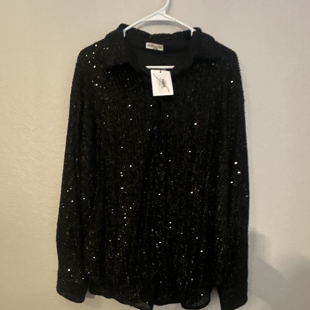 Main Strip Lucky Sequin button up shirt Black/Gold L Lightweight Long Sleeve